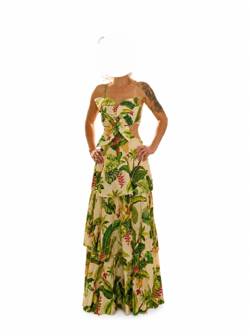 FARM Rio Tropical Cutout Maxi Dress — Cream, Green & Red